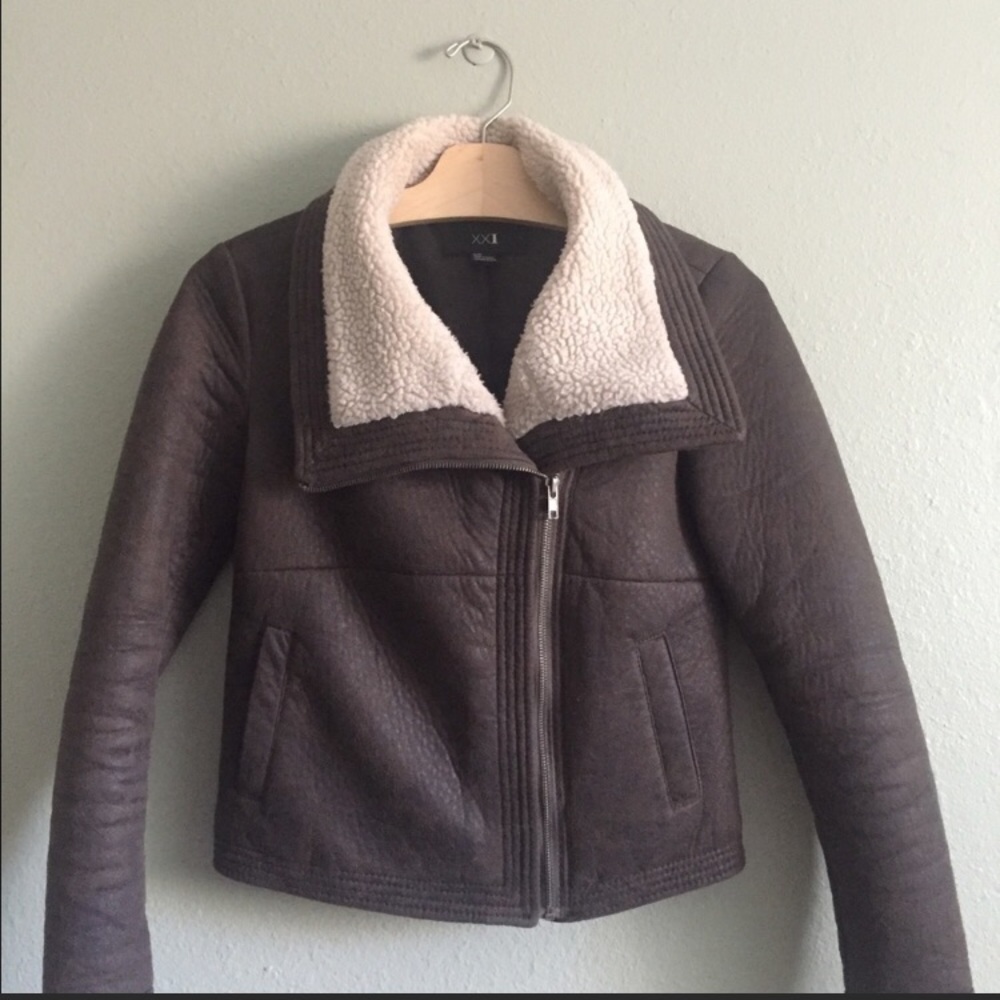 Faux suede bomber jacket with faux shearling trim.